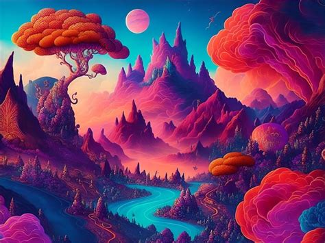 Premium AI Image | A handdrawn illustration of a fantastical landscape full of vibrant colors ...