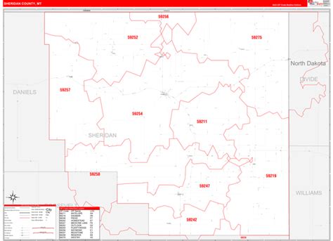 Sheridan County, MT Zip Code Wall Map Red Line Style by MarketMAPS