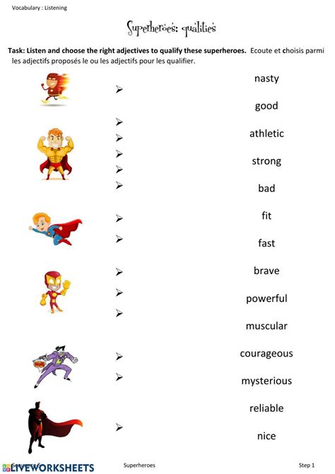 Superheroes qualities - Interactive worksheet | Superhero, Esl lessons, Adjective worksheet