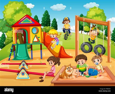 Niños jugando en el parque infantil ilustración Imagen Vector de stock - Alamy