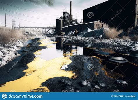 Toxic River: Shot of River Running through an Industrial Area, with Thick, Black Sludge Flowing ...