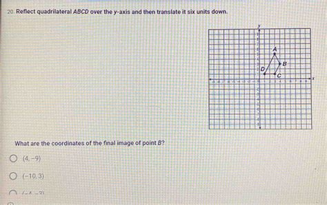 Solved: 20. Reflect quadrilateral ABCD over the y-axis and then translate it six units down ...