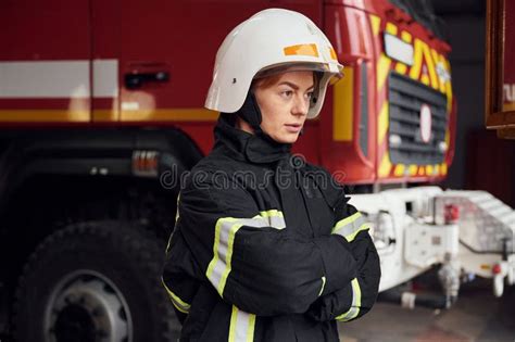 Woman Firefighter in Uniform is at Work in Department Stock Image ...