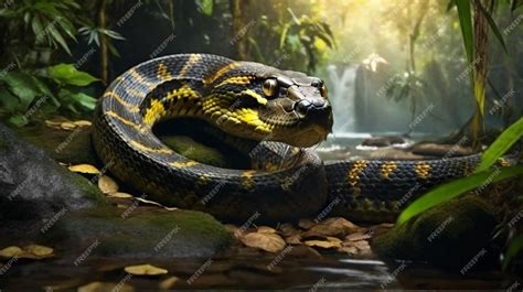 Premium AI Image | Giant anaconda yellow eyes stalking prey