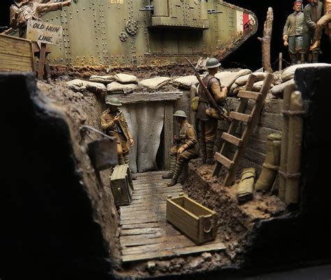 WWI Diorama with Toy Soldiers and Army Tank