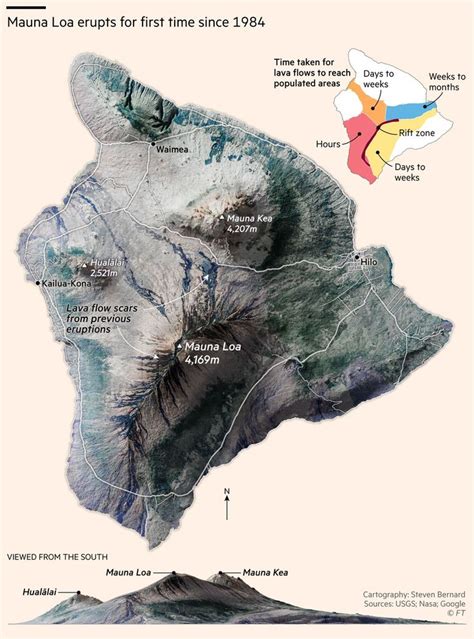 3d rendered map of Mauna Loa showing lava flow rates | Lava flow, Mauna loa, Information ...