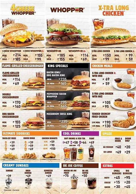 Menu at Burger King fast food, Quezon City, 1105 West Ave