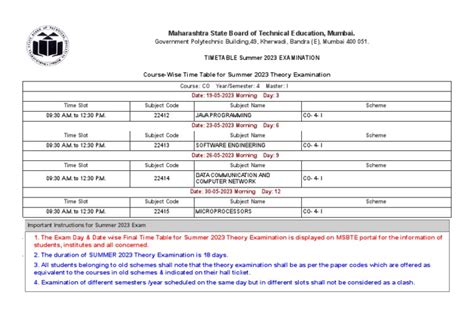 Time Table For Summer 2023 Theory Examination | PDF | Computer Science | Computing