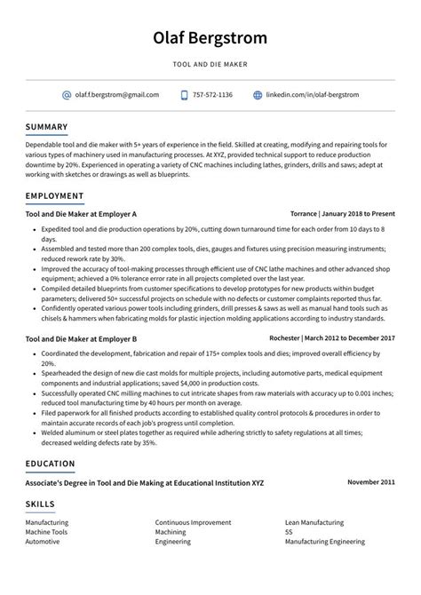 Tool and Die Maker Resume (CV) Example and Writing Guide