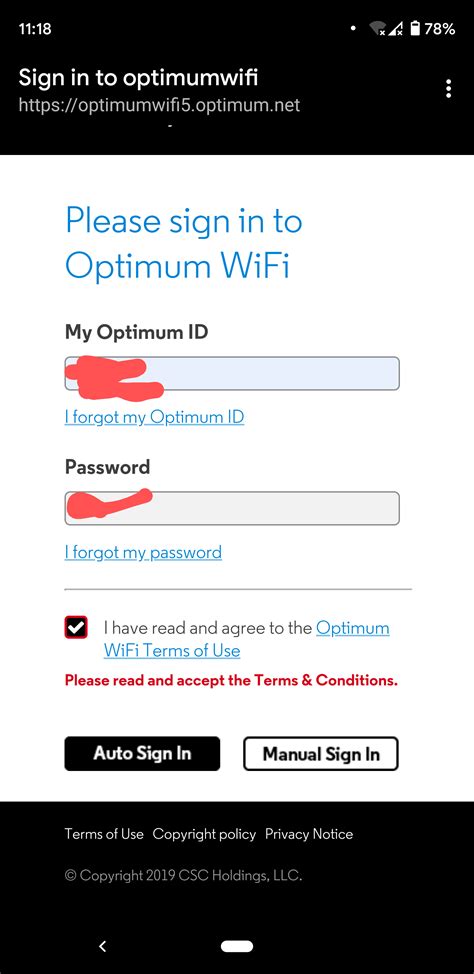 Trying to log into Optimum WiFi Hotspots tells me to accept terms and ...