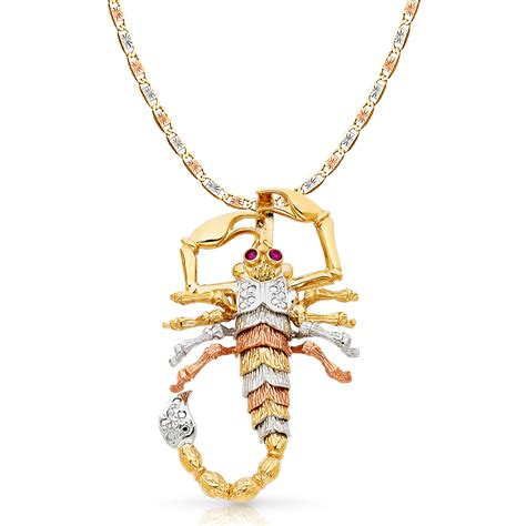 Ioka - 14K Tri Color Gold Scorpion Charm Pendant with 4.8mm Valentino Star Diamond Cut Chain ...