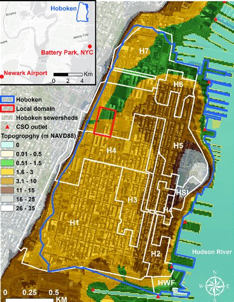 The City of Hoboken topographic map and sewersheds. The lowest areas of... | Download Scientific ...