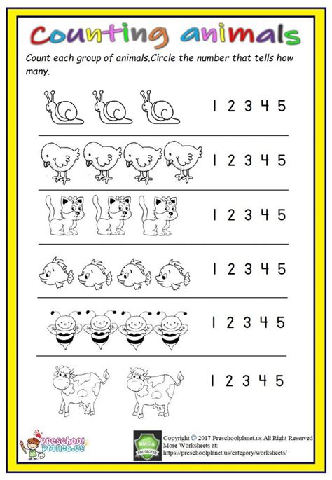 Animal Count Worksheet For Kindergarten