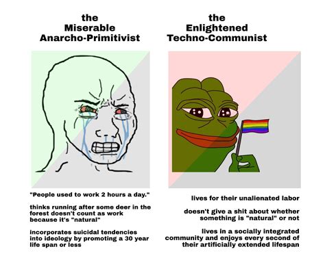 the miserable anarcho-primitivist vs the enlightened techno-communist lgbt pepe vs anprim ...