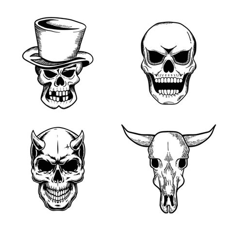 four skulls with hats and horns on their heads