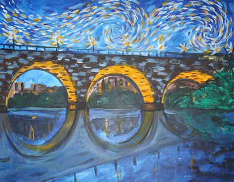 Starry Night over Stone Arch Bridge - Pinot's Palette Painting