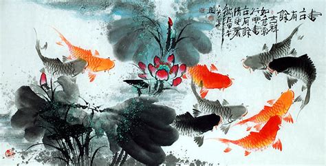 Chinese Koi Fish Painting 2787012, 34cm x 138cm(13〃 x 54〃)