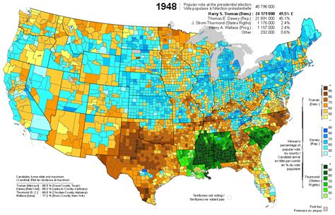 1948 US presidential election results by county (Truman vs. Dewey vs. Thurmond) [1132 x 727] : r ...