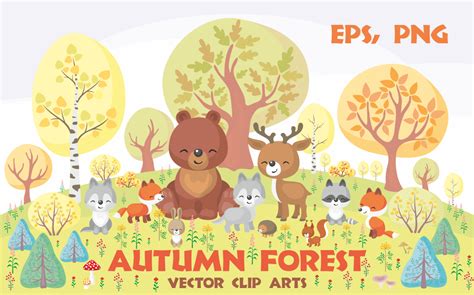 Autumn forest. Cute animals and plants on Yellow Images Creative Store