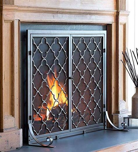 Plow & Hearth Metal Fireplace Screen Geometric Pewter | 44" W x 33" H | 2 - Door | Spark Guard ...