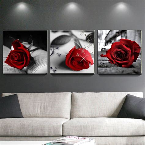 Wendana Canvas Wall Art Red Rose Flowers on Gray Books Pictures Painting -12" x 12" x 3 Panels ...