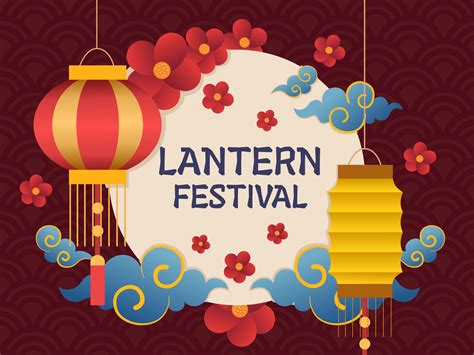 Lantern Festival design with hanging lantern, cloud, flower illustration. Mid Autumn Festival ...