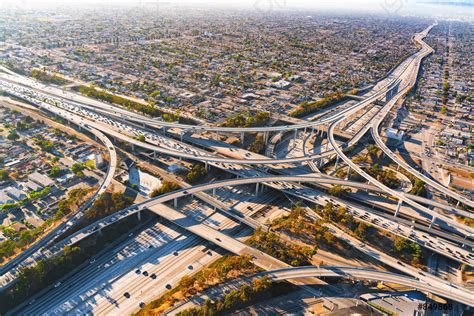 Aerial view of a freeway intersection in Los Angeles - stock photo ...