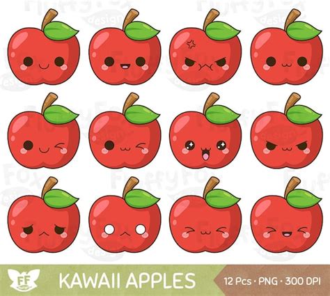 Kawaii Red Apple Clipart Cute Apples Faces Clip Art Fruit - Etsy