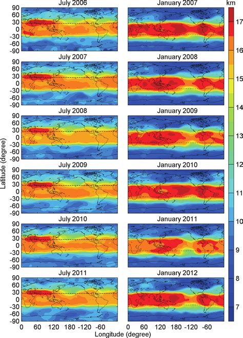 Monthly maps of global structures of the F3/C-derived tropopause height ...