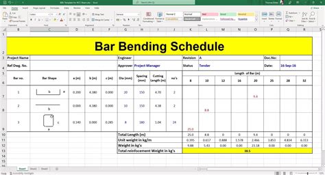 the bar bending schedule in excel