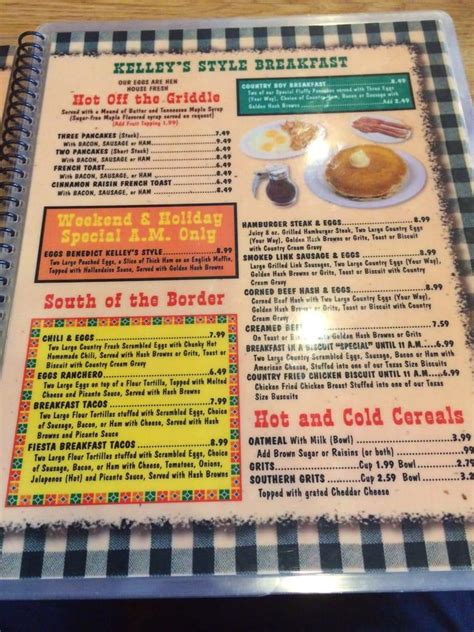 Menu at Kelley's Country Cookin' restaurant, Pasadena, Spencer Hwy