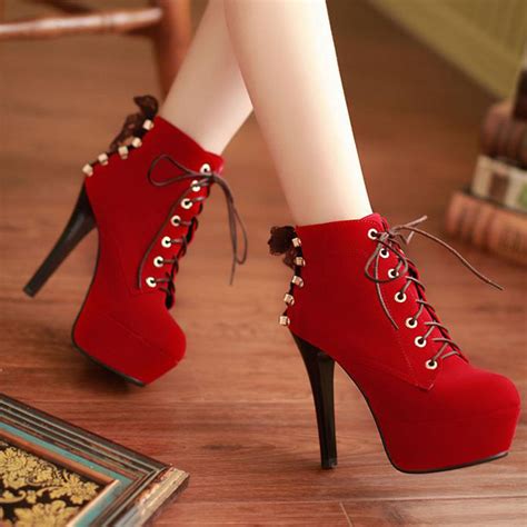 Red Suede High Heels Lace Up Ankle Boots on Luulla