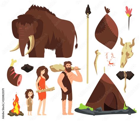 Caveman. Cartoon neolithic people characters. Prehistoric neanderthal ...