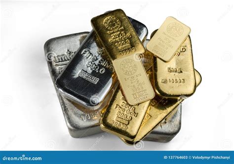 A Pile of Gold and Silver Bars from Different Manufacturers Lies on a White Background Editorial ...