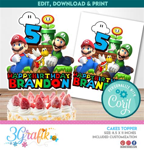 Mario Bros Cake Topper template | Banderin Mario Bros | Mario Bros