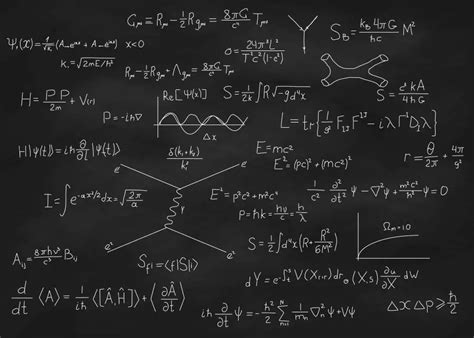 Science blackboard with math. Real physical equations of Einstein relativity theory, string ...