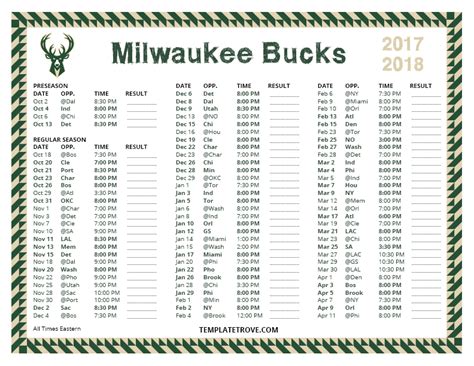 Printable 2017-2018 Milwaukee Bucks Schedule