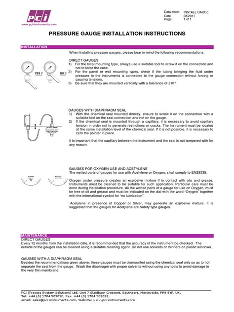 Pressure Gauge Installation Instructions | PDF | Pressure Measurement | Valve