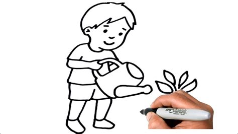 How to DRAW a BOY Watering Plant Step by Step - YouTube