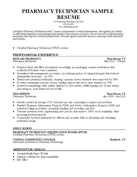 Pharmacy Technician Resume Sample | Templates at allbusinesstemplates.com