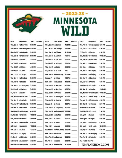 Printable 2022-2023 Minnesota Wild Schedule