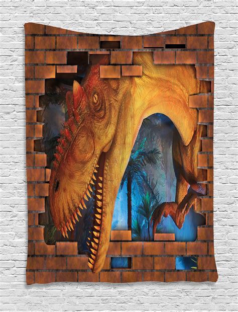 Dinosaur Tapestry, Tyrannosaurus Breaks a Brick Wall Frightening Scary Scenery Jungle Invaded ...