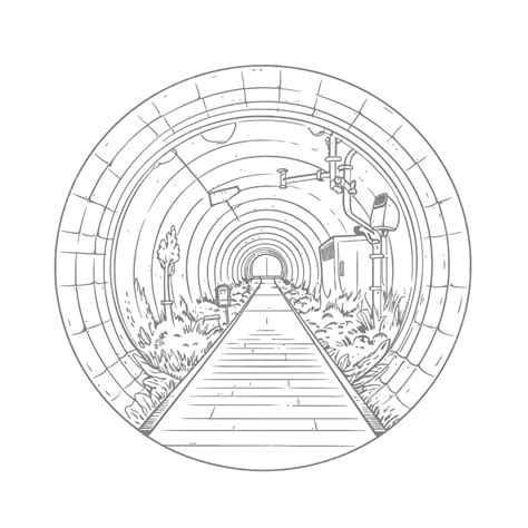 Drawing Of A Circular Tunnel With An Engine And Train Inside Outline Sketch Vector, Tunnel ...