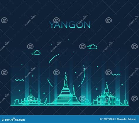 Yangon Skyline, Myanmar Vector Linear Style City Stock Vector ...