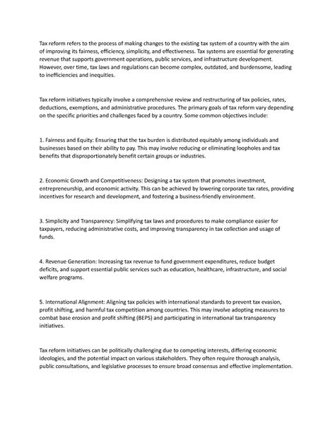 TAX Reform Introduction - Tax reform refers to the process of making changes to the existing tax ...