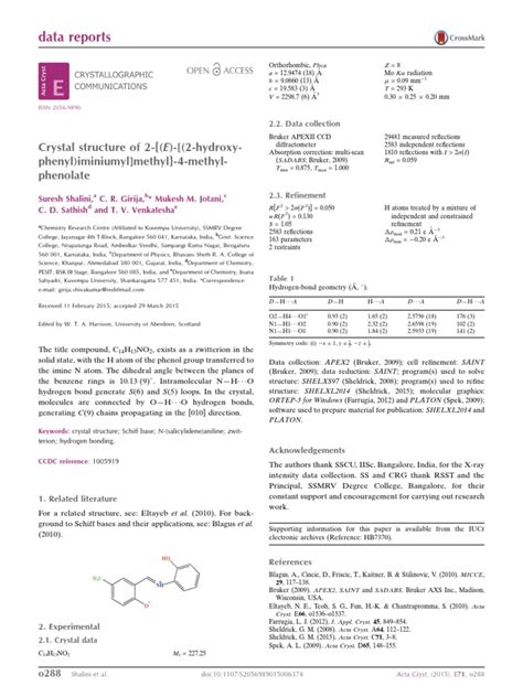 Data Reports: Crystal Structure of 2 - ( (E) - ( (2-Hydroxy-Phenyl) Iminiumyl) Methyl) - 4 ...