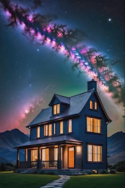 Premium AI Image | Night Sky Photo of a charming house silhouette against a vast starry sky