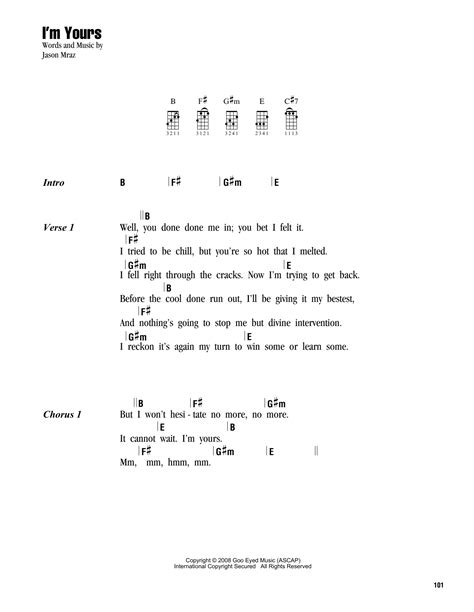 I'm Yours by Jason Mraz Sheet Music for Ukulele Chords/Lyrics at Sheet Music Direct