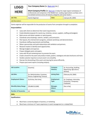 Events Organiser Job Description Template by Bayt.com