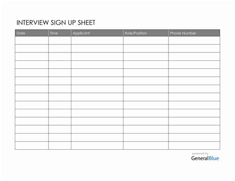 Interview Sign Up Sheet Template in PDF (Basic)